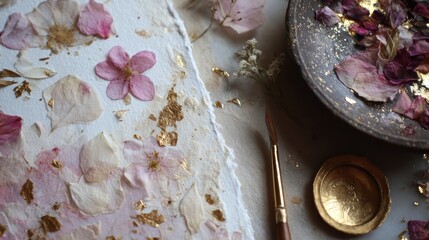 Pressed flowers, gold leaf, and paper art