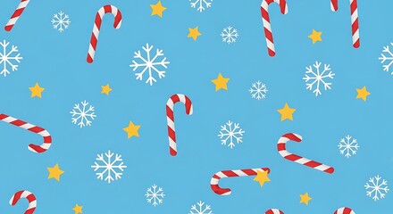 Candy Canes and Snowflakes on Blue Background for Christmas Holiday Decorations