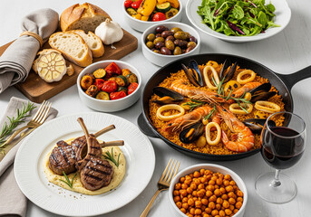 Mediterranean Dinner Spread with Paella, Lamb Chops, Roasted Vegetables and Wine; Rustic Food Photography for food blog headers, recipe websites, Mediterranean cuisine articles, restaurant menu design