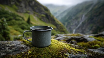Mountaintop coffee in a vintage mug