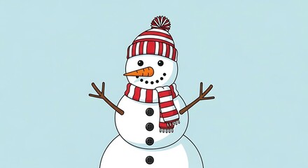 Cartoon Snowman Wearing Red Striped Hat and Scarf in Light Blue Background