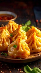 Golden dumplings, close-up, on a plate, with a sauce