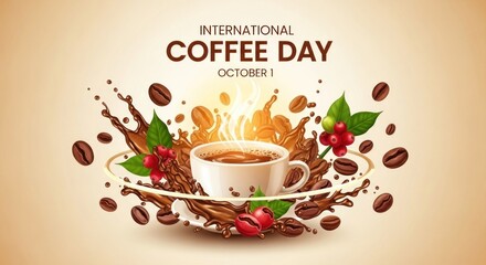 Warm cup of coffee with splashes and beans, celebrating International Coffee Day with festive energy