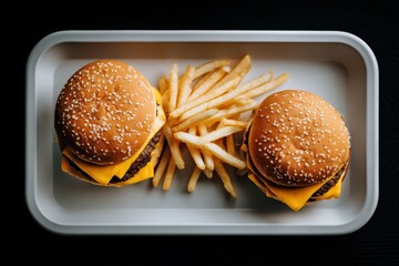 Two Cheeseburgers and Fries on a Tray - A Classic Fast Food Meal.