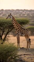 Giraffe Standing Tall Near a Thorny Tree, Against a Hazy Backdrop, Wildlife Portrait