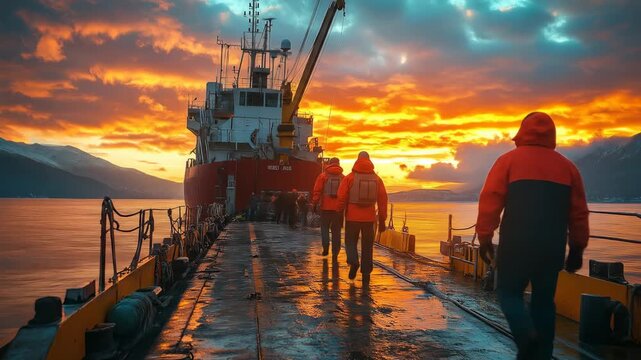 Two figures in orange safety gear walk a dock at sunrise, towards a large red cargo ship
