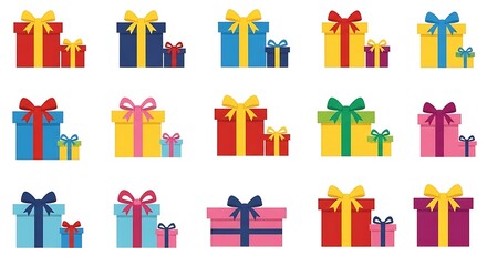 Colorful Gift Boxes with Ribbons Brightly Arranged in Rows for Celebration