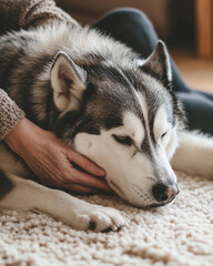 Senior Husky receives gentle massage from owner, relaxed expression, comfort and care for senior dogs