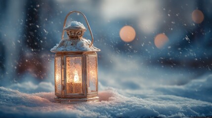 Warm lantern glows invitingly in a snowy winter landscape