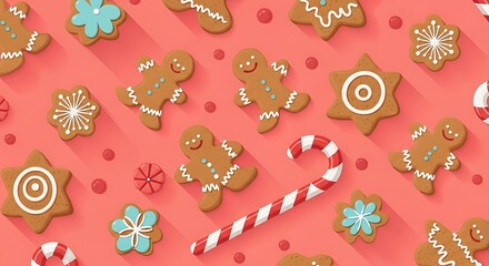 Colorful Christmas Cookies and Candy Canes on Pink Background