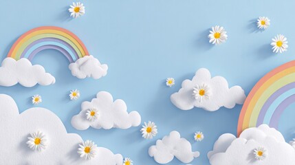 Pastel sky with clouds, rainbows, and daisies