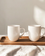 Fototapeta premium Minimalist mockup of two ceramic mugs on a wooden tray. Smooth texture and soft lighting highlight simple, stylish design