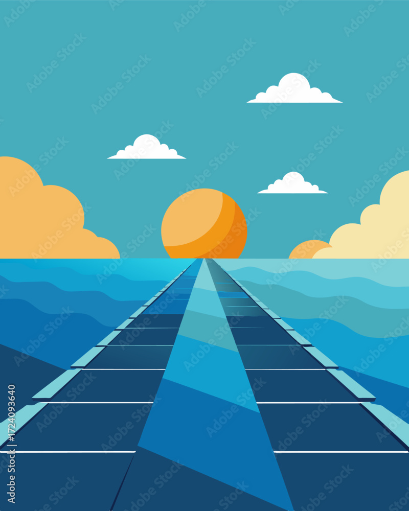 Poster a vast ocean with a line of floating solar arrays stretching towards the horizon harnessing the powe