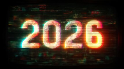 Year 2026 in glitch art style