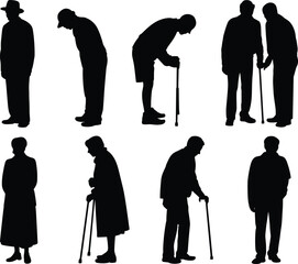 Obraz premium Elderly silhouette illustration, senior people walking, cane support, aging mobility, black vector, frail posture, geriatric care, social support, white background