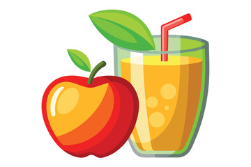 Refreshing apple juice in a glass alongside a ripe red apple with green leaves