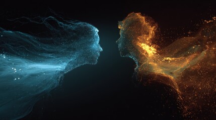 Two ethereal, particle-formed figures, one light blue, one orange, facing each other