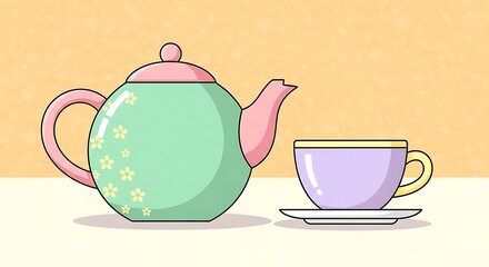 Colorful Tea Pot and Cup on Table in Pastel Kitchen Scene