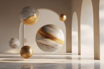 Floating marble & gold spheres in archway room