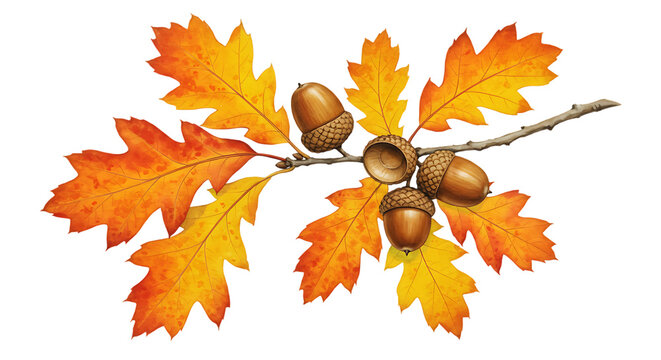 Illustration of autumn oak branch with colorful leaves and acorns isolated on transparent background