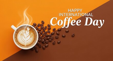Warm cup of coffee with latte art and scattered beans, celebrating International Coffee Day.
