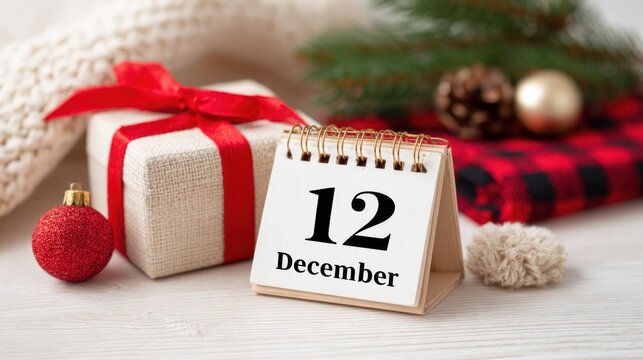 Countdown to Christmas with festive gifts and a calendar showing December 12th