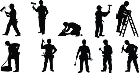 Silhouette, worker, construction, labor, tradesman, tools, manual, job, profession, industrial, maintenance, repair, painting, plumbing, gardening, carpentry, mechanic, builder, teamwork, occupation