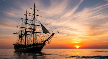 Obraz premium Majestic Tall Ship Sailing into a Vibrant Sunset on the Open Ocean