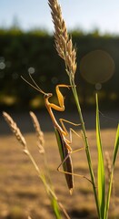 A detailed close-up of a praying mantis perched on a tall blade of grass with a warm, natural background, showcasing its delicate structure