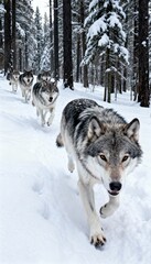 Naklejka premium Pack of wolves running through snowy forest, dynamic and realistic winter scene
