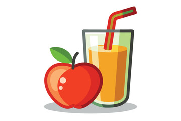 Cartoon depiction shows a full glass of apple juice beside a shiny red apple