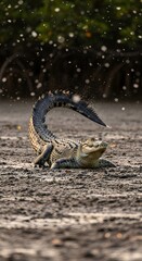 Majestic Crocodile emerges from muddy waters, scales glistening under the sun, showcasing its powerful tail and watchful gaze