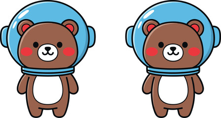 Cute cartoon astronaut bears in blue space helmets, standing upright with red cheeks, ideal for children’s space-themed vector illustrations. © MD Anas
