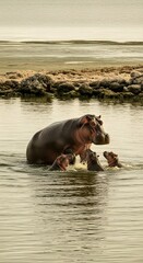 A powerful mother hippopotamus leads her three young calves through calm waters, a beautiful display of family bonds and nurturing in the wild