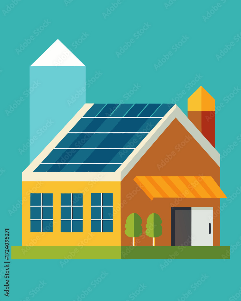 Aufkleber an industrial warehouse becomes ecofriendly with a solar array spanning its large rooftop.. vector i