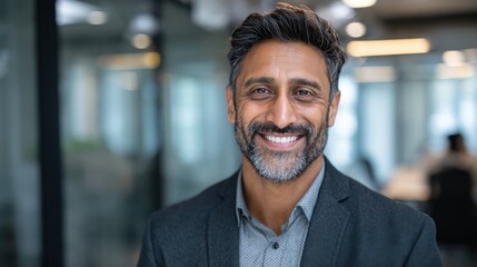 Obraz premium happy smiling bearded indian business man small business owner company leader or sales manager male hispanic ceo executive successful lawyer looking at camera standing in office headshot portrait no 
