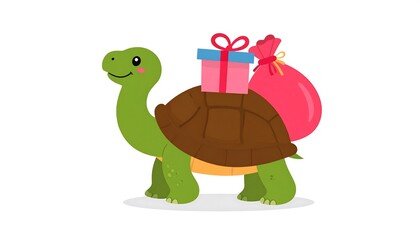 Fototapeta premium Cute turtle carrying a gift and sack