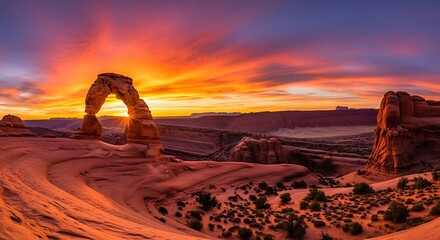 Majestic desert landscape with iconic rock arch bathed in vibrant sunset colors