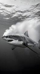 Underwater Close-Up of a Great White Shark's Head with Teeth Visible in Black and White, Capturing its Power and Majesty in its Natural Ocean Habitat