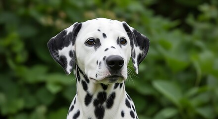 Portrait of a Dalmatian puppy set against an outdoor backdrop of greenery
