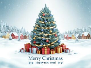Festive decorated Christmas tree surrounded by gifts in a snowy village setting with falling snow