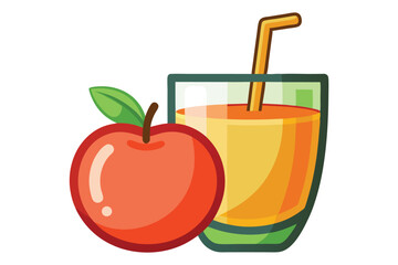 A red apple rests beside the glass of vibrant orange juice with straw