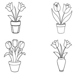 Tulip flower pot line art, minimalist floral doodle perfect for coloring pages and decor