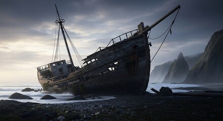 Fototapeta premium Maritime wreck on rugged coast, skeletal remains of an old fishing vessel