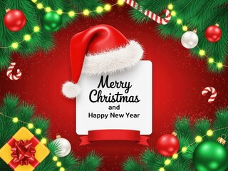 Festive Christmas and New Year greeting with Santa hat and ornaments on a red background