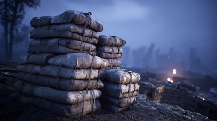 Stacked Sandbags on a Battlefield at Dusk with Misty Background