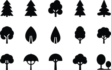 Tree silhouette collection, forest icons, nature design, conifer and deciduous trees, vector illustration, black silhouettes, landscape elements, eco environment graphics