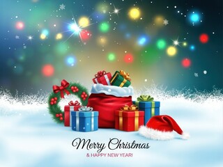 Festive Christmas gifts and decorations in the snow with twinkling lights