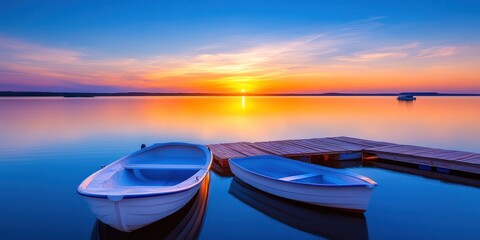 Two Boats Moored at Wooden Dock Sunset Lake
