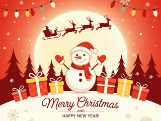 Joyful snowman with gifts and Santa in a festive winter scene
